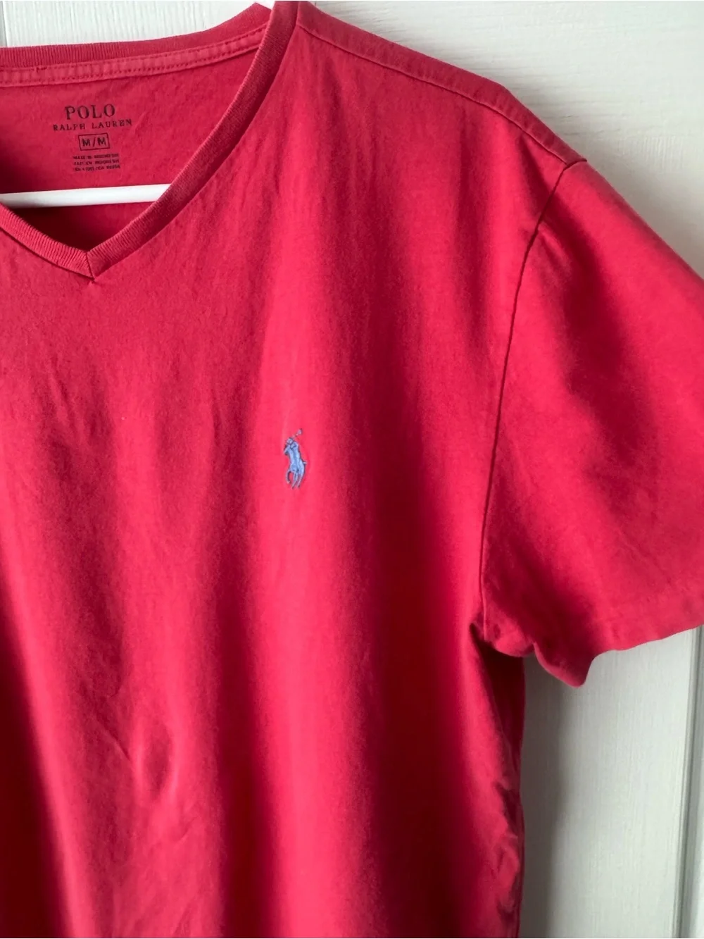 Polo Ralph Lauren Red V Neck T Shirt M Cotton Blue Pony Quiet Luxury Embroidered